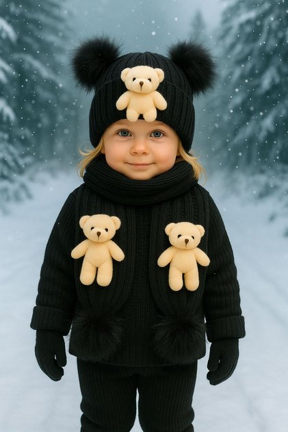 Tricot Scarf with Bear and Pompon Detail