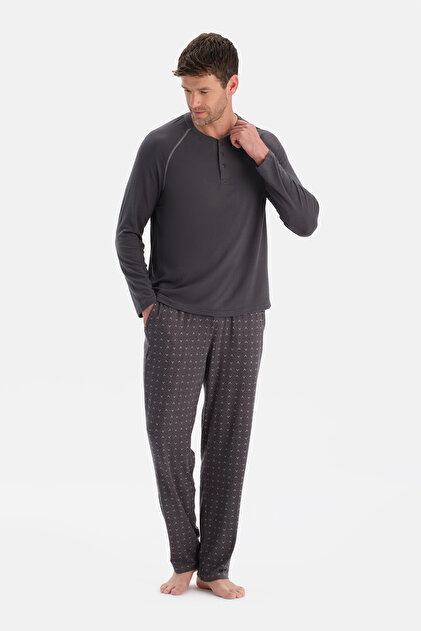 Anthracite Stitching Detailed and Patched Thermal T-Shirt Pants Pajama Set