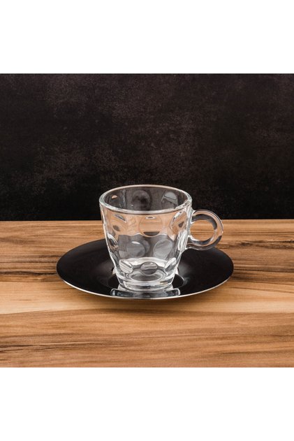 طقم فناجين قهوة زجاجية مع صحون ستانلس ستيل – 6 قطع بتصميم عصري أنيق