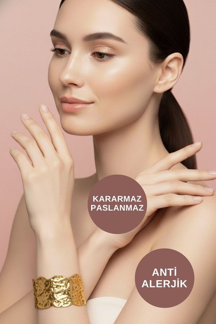 Kadın Özel Tasarım Şık Altın Kaplama Gold Kararmaz Antialerjik Kalın Çelik Kelepçe Bilezik Bileklik