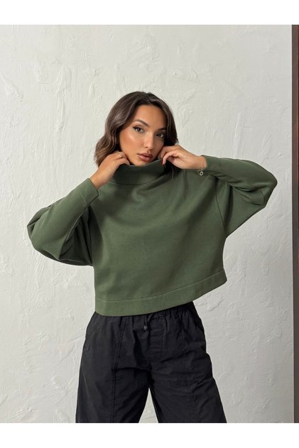 Women's Khaki Mock Neck Batwing Sleeve 3 Thread Short Sweat Blouse