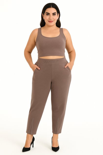 Plus Size Elastic High Waist Stone Mom Stretch Fabric Stone Leather Detailed Winter Cashmere Women's Trousers