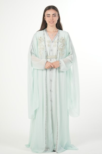 Moroccan chiffon caftan two pieces with a belt on the waist women kaftan dress