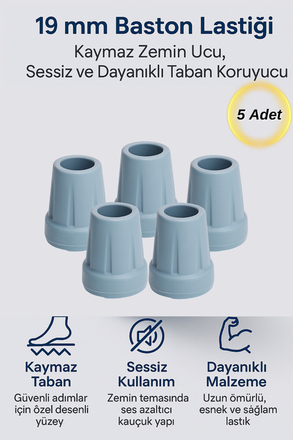 5 Adet 19 mm Baston Lastiği – Kaymaz Zemin Ucu, Sessiz ve Dayanıklı Taban Koruyucu