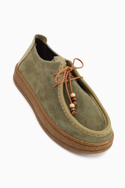 Polin Genuine Leather Khaki Suede Lace-Up Casual Loafer Shoes