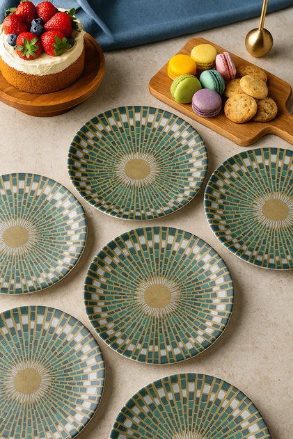 Green Modern Patterned Set of 6, 20 cm Cake or Dessert Plates – Stylish Serving Plates