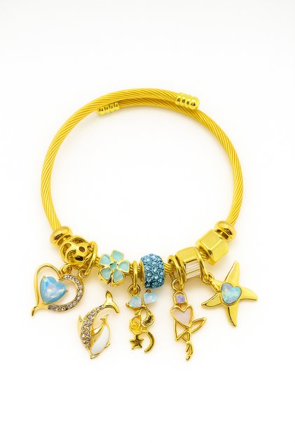Gold Color Stainless Steel Tarnish-Free Charm Bracelet with Star Heart Dolphin Design for Kids