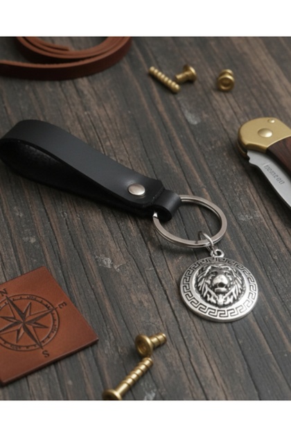 Leather Keychain Premium Black Real Leather Keychain Accessory with Lion Figure