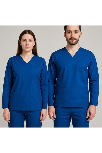 UZUN KOLLU SAKS MAVİ UNISEX SCRUBS TAKIM HEMŞİRE DOKTOR FORMASI İŞCİ KIYAFETLERİ TRİKOTON KUMAŞ