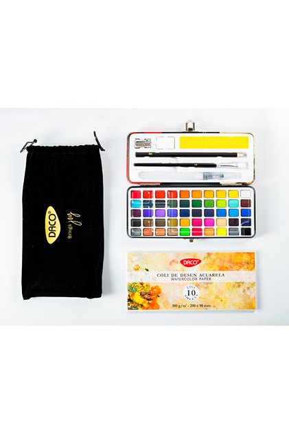 Set complet pictură acuarelă cutie metalică, 50 culori, pensule, hârtie, burete, radieră, creion