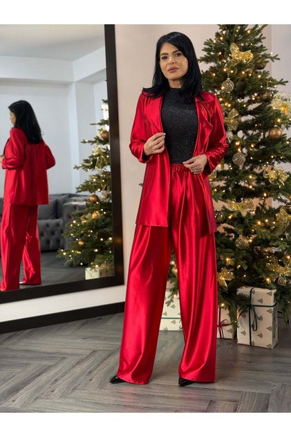 Costum satinat cu sacou lung și pantaloni evazați – verde smarald