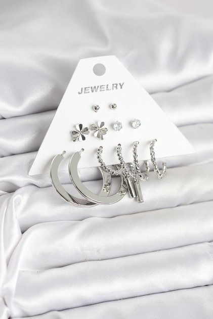 Brass Silver Color 6 Pairs Women's Earrings Set