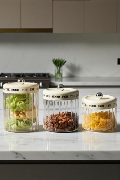 Mood Cream Striped Vacuum Lid Motto Glass Jar Set, Spice Jar, Sugar Bowl (1400-1100-850 ml)