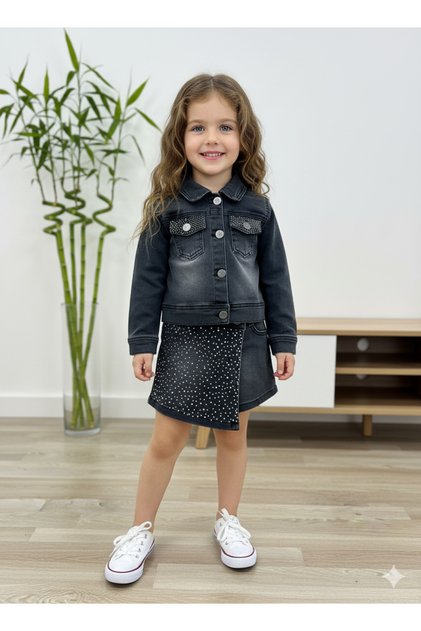 Girl's Stone Detailed Denim Jacket Shorts Set