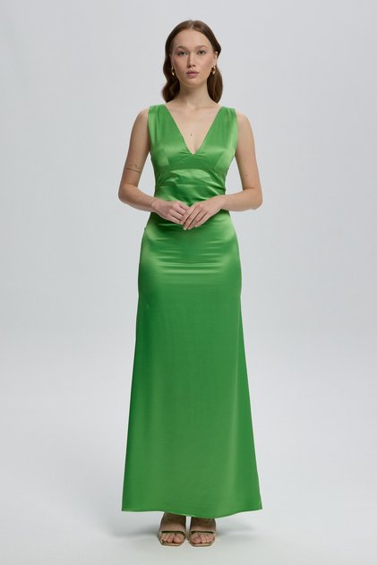 Green Back Detailed Elara Satin Dress