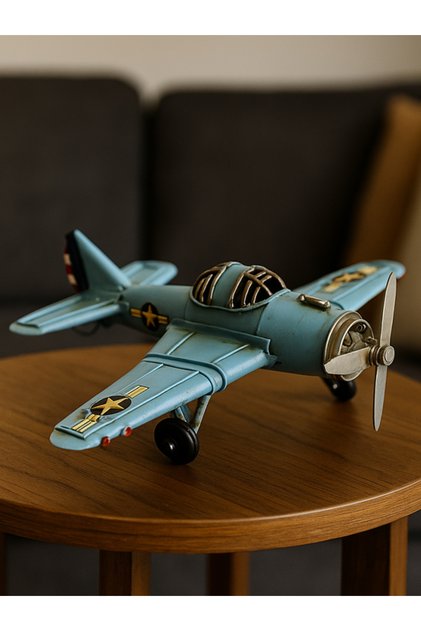 Dekoratif Metal Retro Uçak Modeli – Tek Motorlu Pervaneli II. Dünya Savaşı Tasarım – 20 x 22 x 7 cm