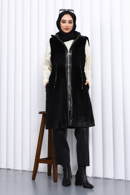 Black Leather Paneled Angora Soft Vest