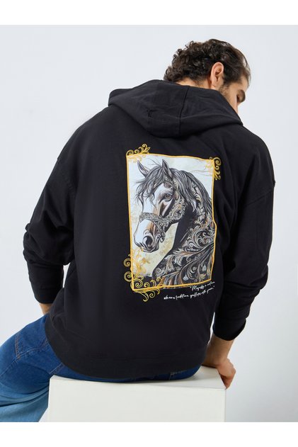 Oversize heavy Fleece hoodie with Horse Print and Emb at front and back with Kangaroo pocket