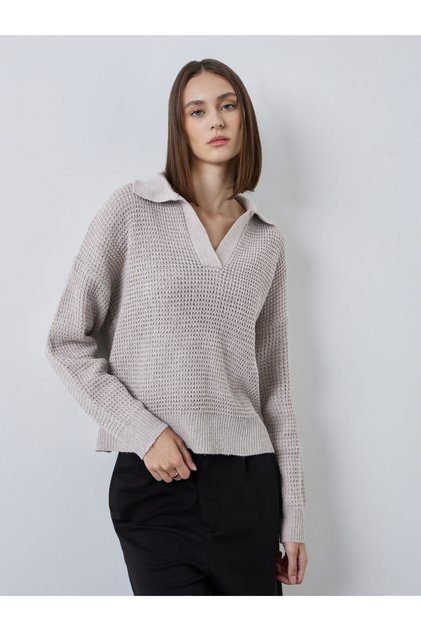 Beige Textured Knit Open Collar Polo T-Shirt