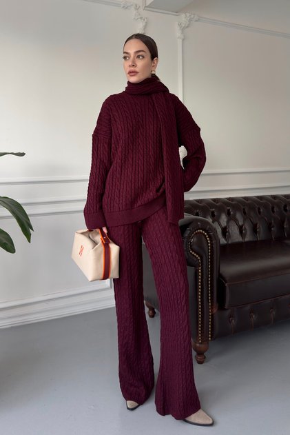 Costum șal împletit cu păr crewneck - MAROON