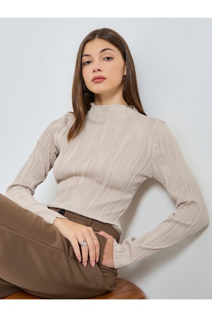 Beige Ribbed Knit Long Sleeve Top