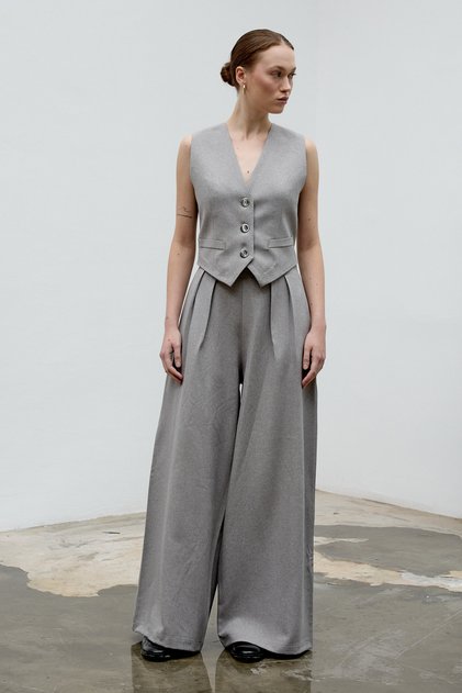 Gray High-Waisted Wide-Leg Pants and Vest Eden Set