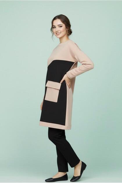 Women's Crew Neck Pocket Detailed Paneled Loose Tunic