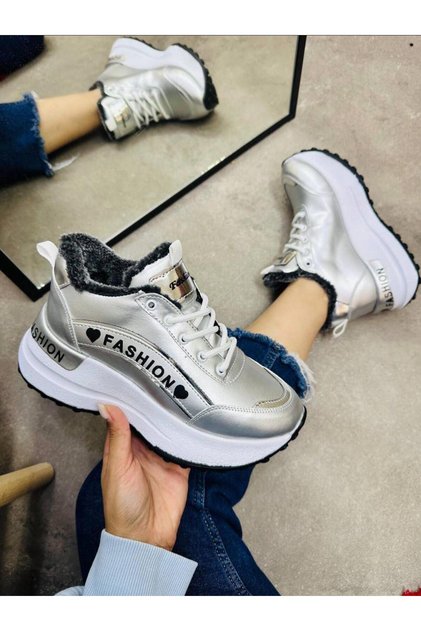 Women's Winter High Sole Fur Lined Lace-Up Comfortable Sports Shoes Casual Sneakers