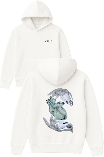 Robot Heart Design Printed Oversized White Hooded Sweatshirt