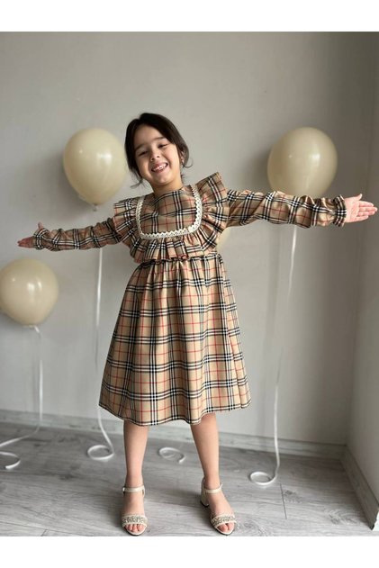 Girls' Square Pattern Plaid Brown Casual Dress