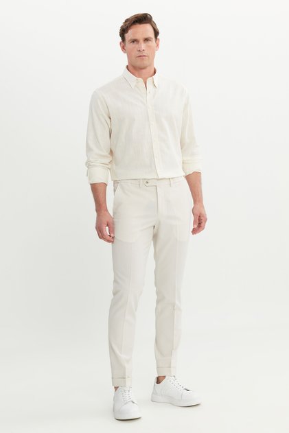 Men's Beige Slim Fit Slim Fit Elastic Waist Side Pocket Classic Trousers