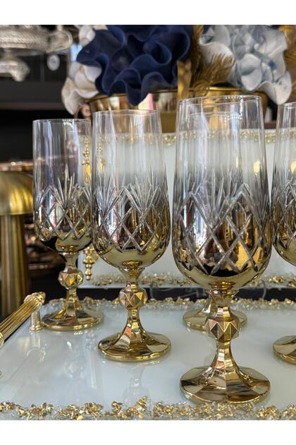 6 Person Bohemia Crystal Hand Decorated Titanium Gold Coffee or Water Baragi Glass 180 ml