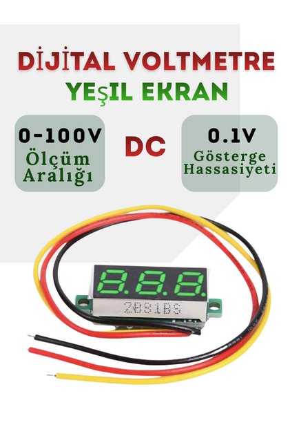 1-adet Dijital DC Voltmetre 0–100V, 0.28" Yeşil Ekran