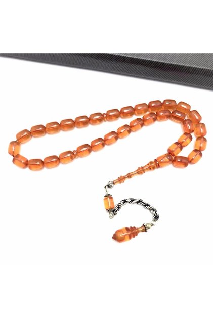 Fire Amber Prayer Beads with Orange Capsule Cut Silver Design
