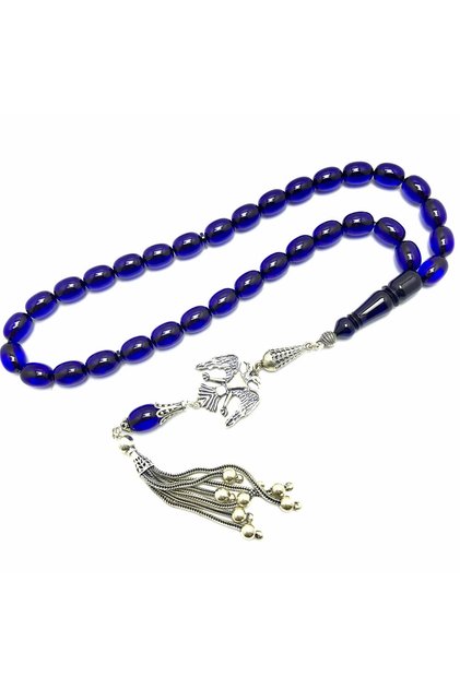 Midnight Blue Capsule Cut Double-Headed Eagle Detailed Fire Amber Prayer Beads