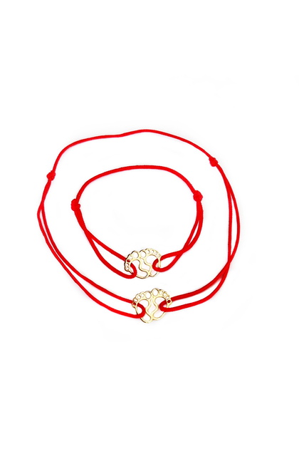 Set 2 Bratari din aur 14k, Mama si Bebe cu charm talpite, reglabile din snur rosu de matase.