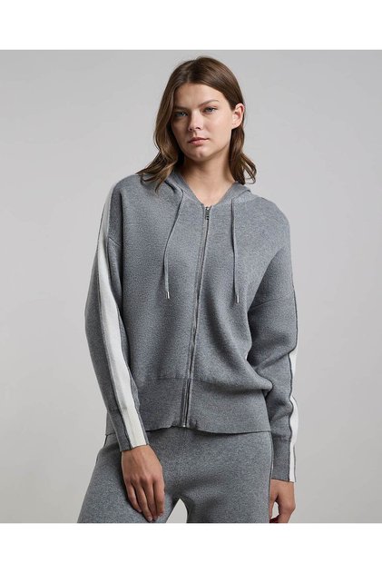 Stripe Detail Hooded Cardigan with Zipper Closure