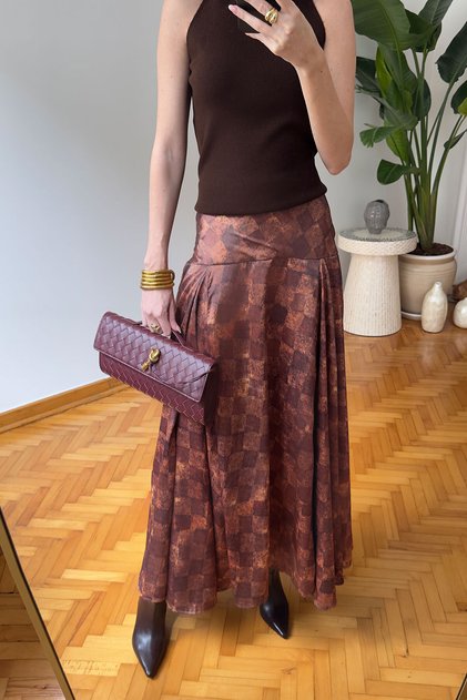 Square Pattern Wide Belted Satin Skirt - Tile