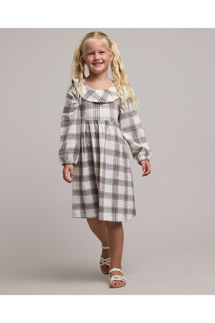 Plaid Fit & Flare Dress with Round Neck and Puff Sleeves