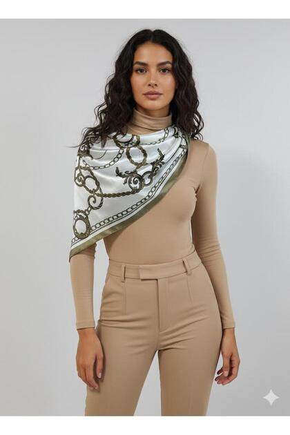 Chain Patterned Khaki Triangle Scarf Bandana Estacraft - 100X45 cm