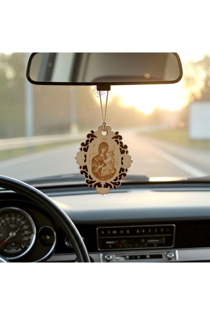 Medalion auto, gravat in lemn,Chipul Maicii Domnului