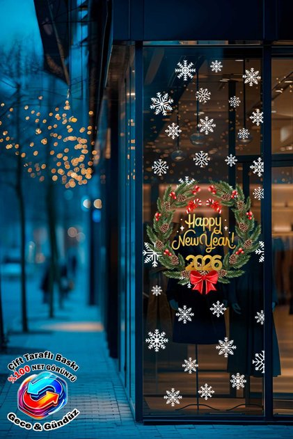 Happy New Year 2026 Gold Written Double-Sided Christmas Wreath Glass Sticker New Year Ornaments