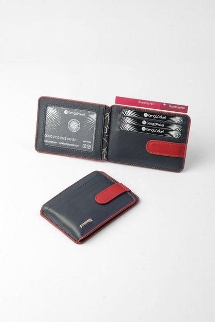 Genuine Leather Minimalist Card Holder – 2521 - Navy Blue/Red