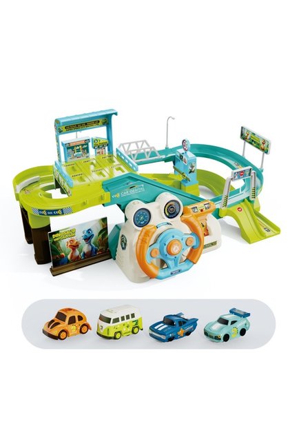 Set interactiv Dino cu pistă auto și garaj, include 4 mașini, joc educativ pentru copii cu vârste între 3 și 6 ani.