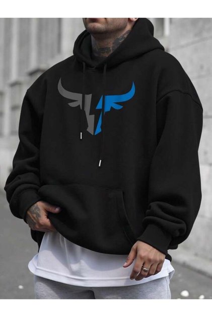 Bull Logo Blue Gray Printed Unisex Black Oversized Hooded Hoodie