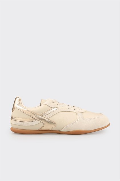 Ekru Deri Kadın Bağcıklı Sneaker