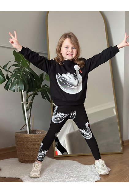 Girls' Seasonal Cotton Fabric Printed Tights and Sweatshirt 2-Piece Set