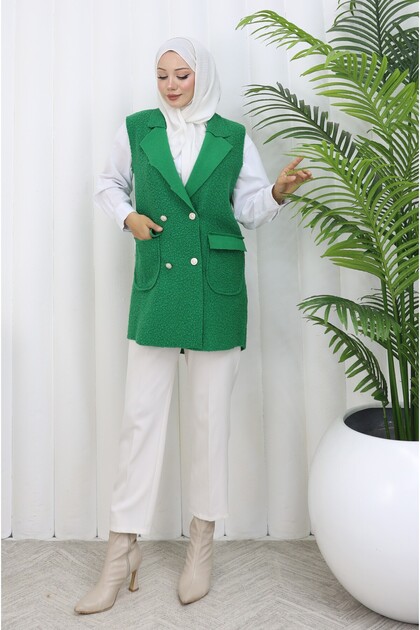 Bucket Pon Pon Fabric with Pocket Cover Crossbody Collar 4 Button Vest