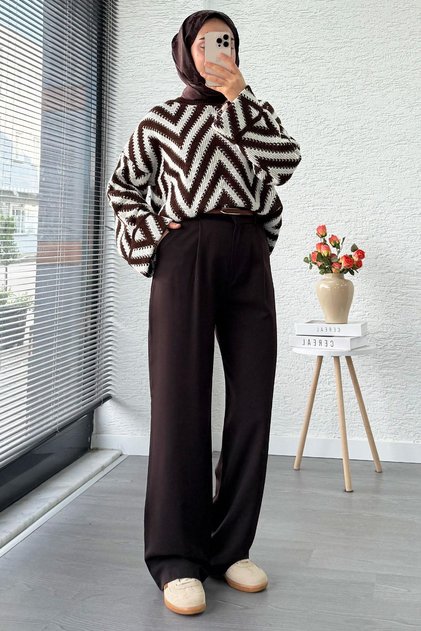 High Waist Pleated Detailed Flowy Palazzo Pants - Brown