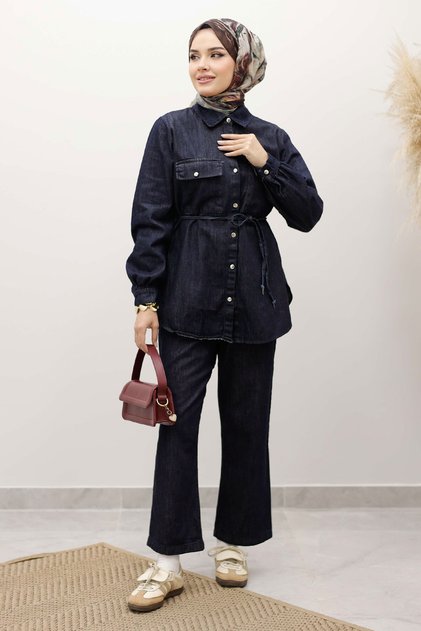 Double Pocket Tie Waist Denim Suit Tsd250249 Dark Blue